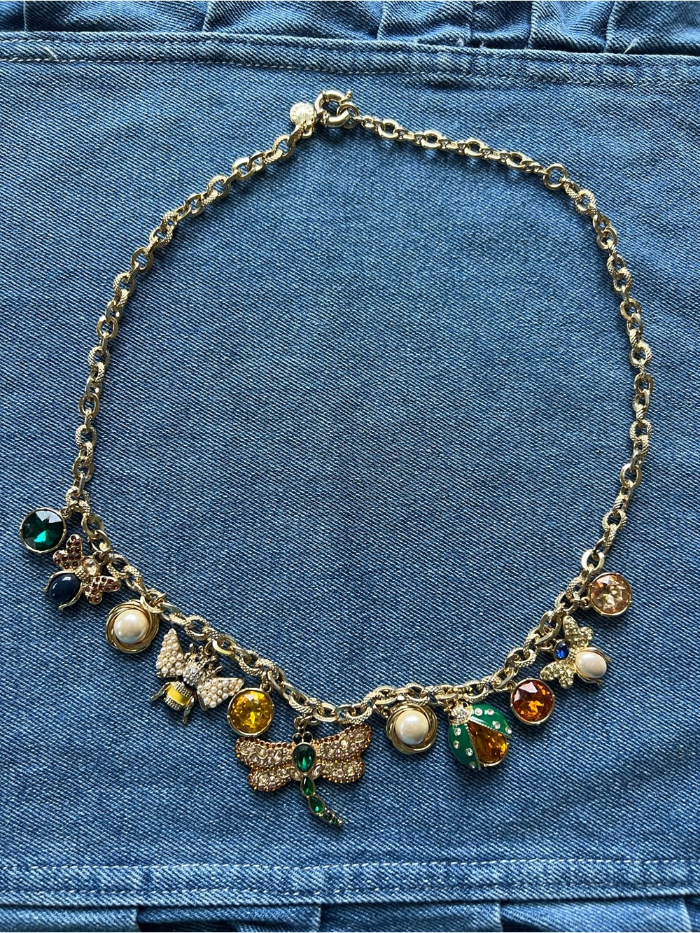 Talbots Gold-Tone “Gardener” Charm Necklace with Green and Amber Accents